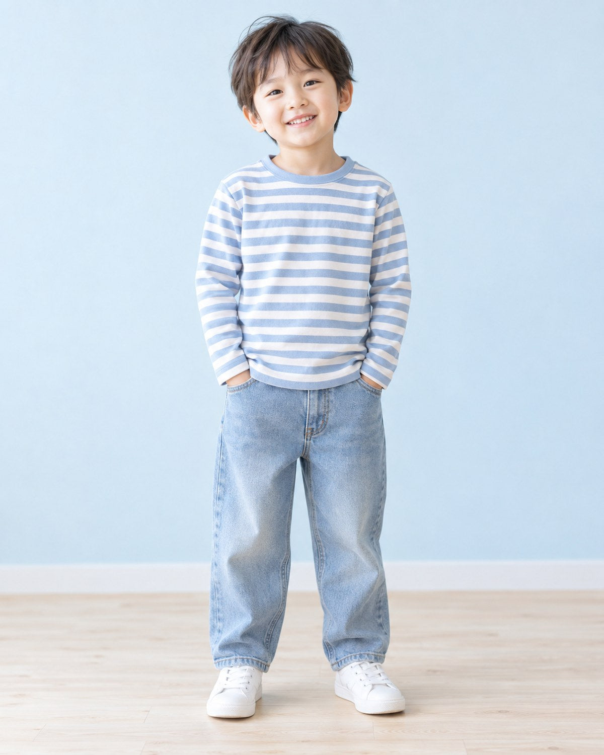 ボーダー 長袖Tシャツ ブルー 着用イメージ