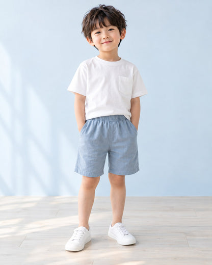 コットンリネン ハーフパンツ ブルー 着用イメージ