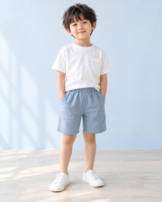 コットンリネン ハーフパンツ ブルー 着用イメージ