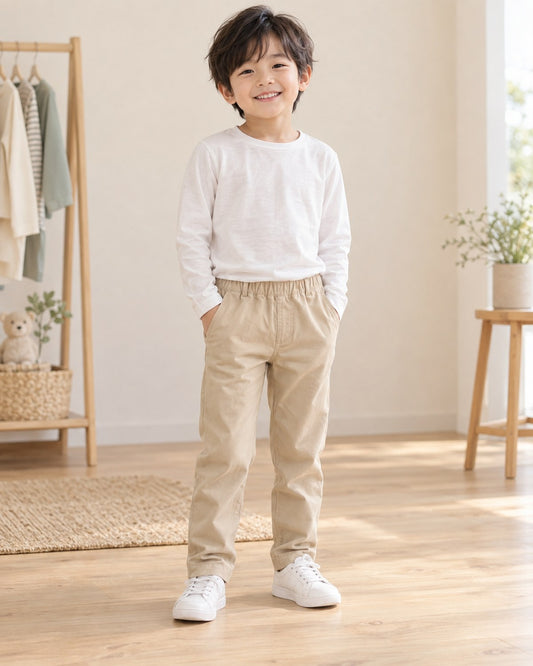 のびのびストレッチ ロングパンツ ベージュ 着用イメージ